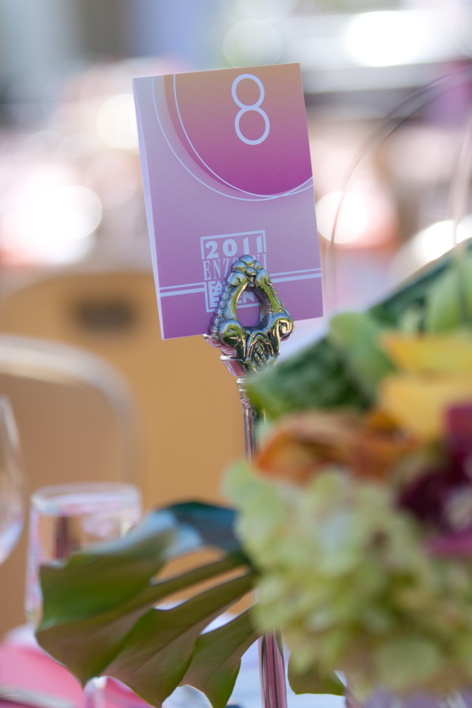2011 Enzoani Fashion Event table number card in pink and violet