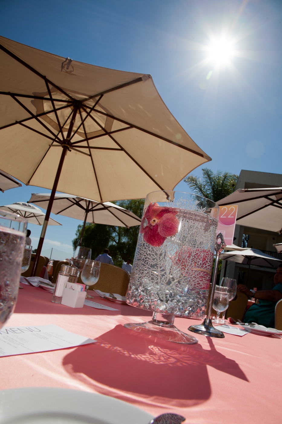 Sunlit poolside luncheon with pink tablecloths, umbrellas, and orchid centerpieces