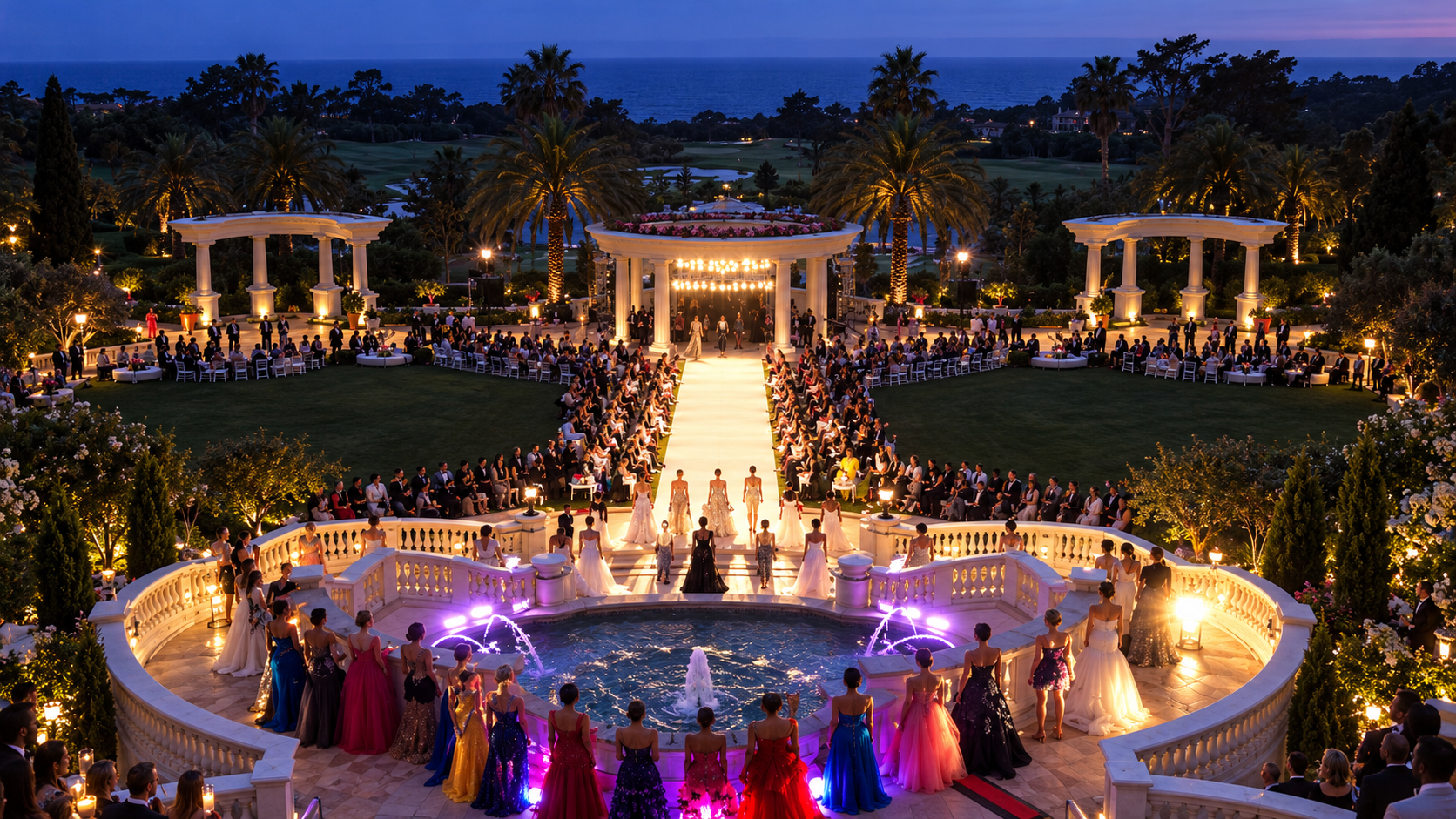 Enzoani Twilight Couture runway show at dusk, with models lining an oceanview terrace around a lit fountain and guests seated along the runway