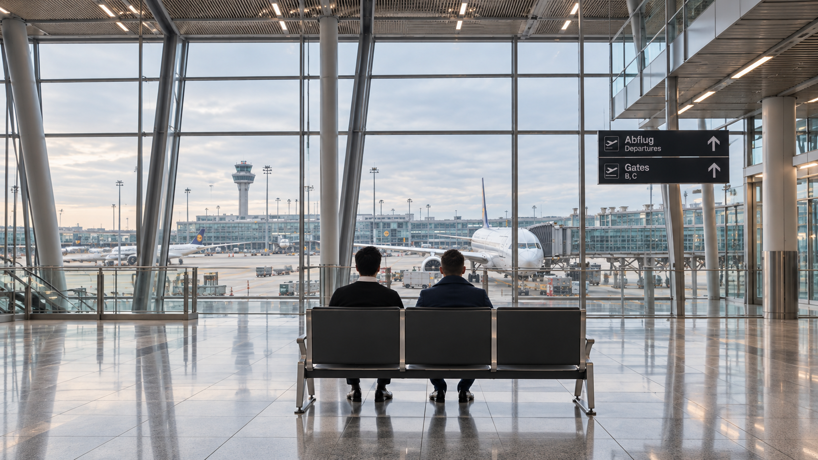 Two Enzoani co-founders seen from behind, sitting on a bench at a German airport and looking out at an airplane on the tarmac