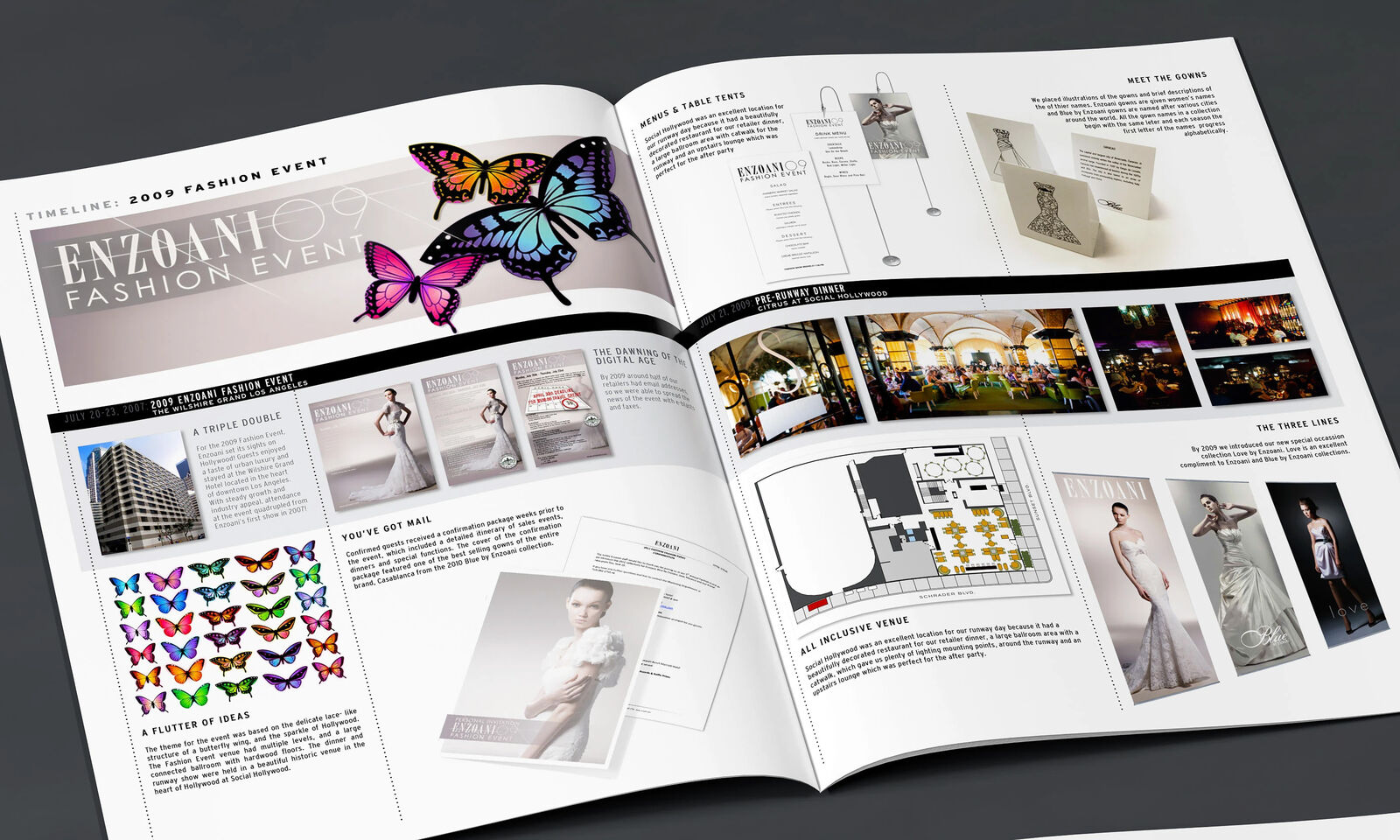 Enzoani 2009 Fashion Event book spread with butterfly identity, invitations, venue map, and pre-runway dinner