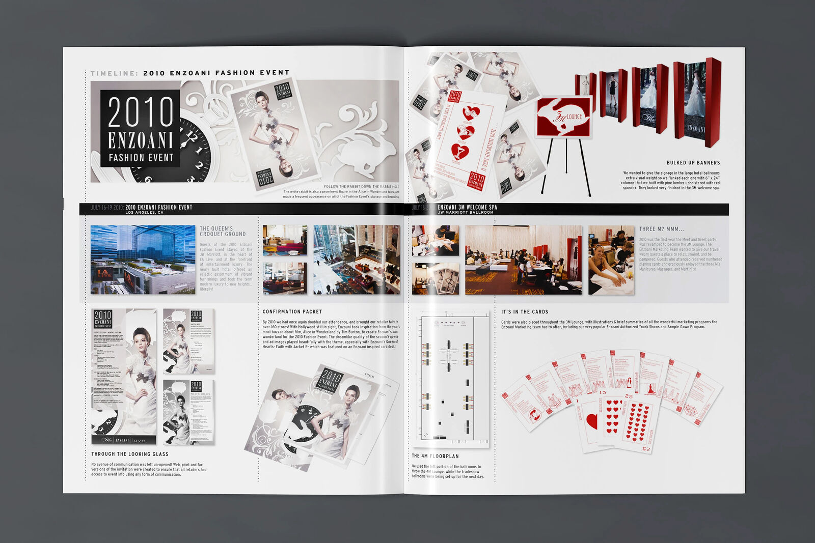 Enzoani 2010 Fashion Event book spread with Alice in Wonderland identity, confirmation packet, banners, and playing cards