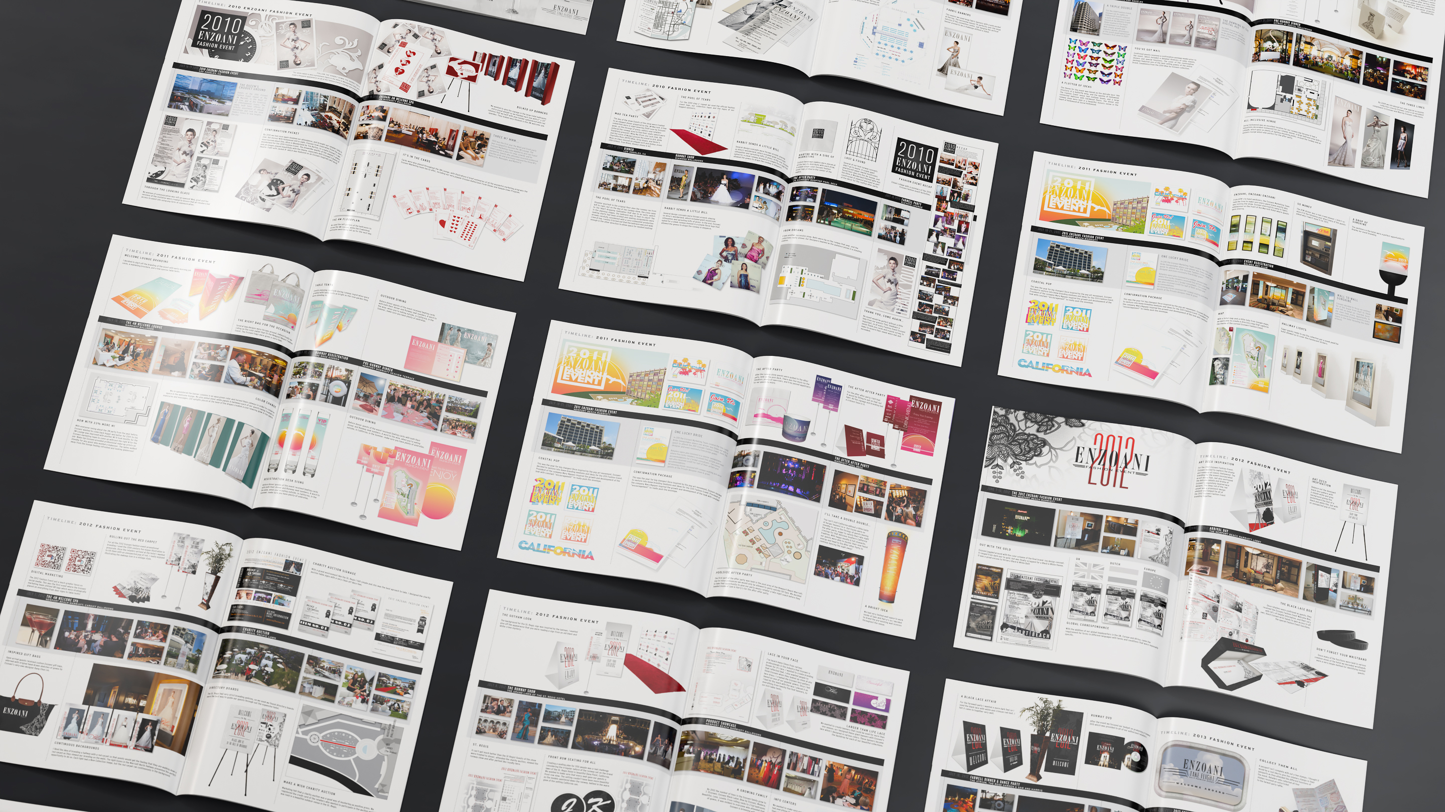 Enzoani fashion event books from 2009 to 2014 laid out as open spreads in a grid
