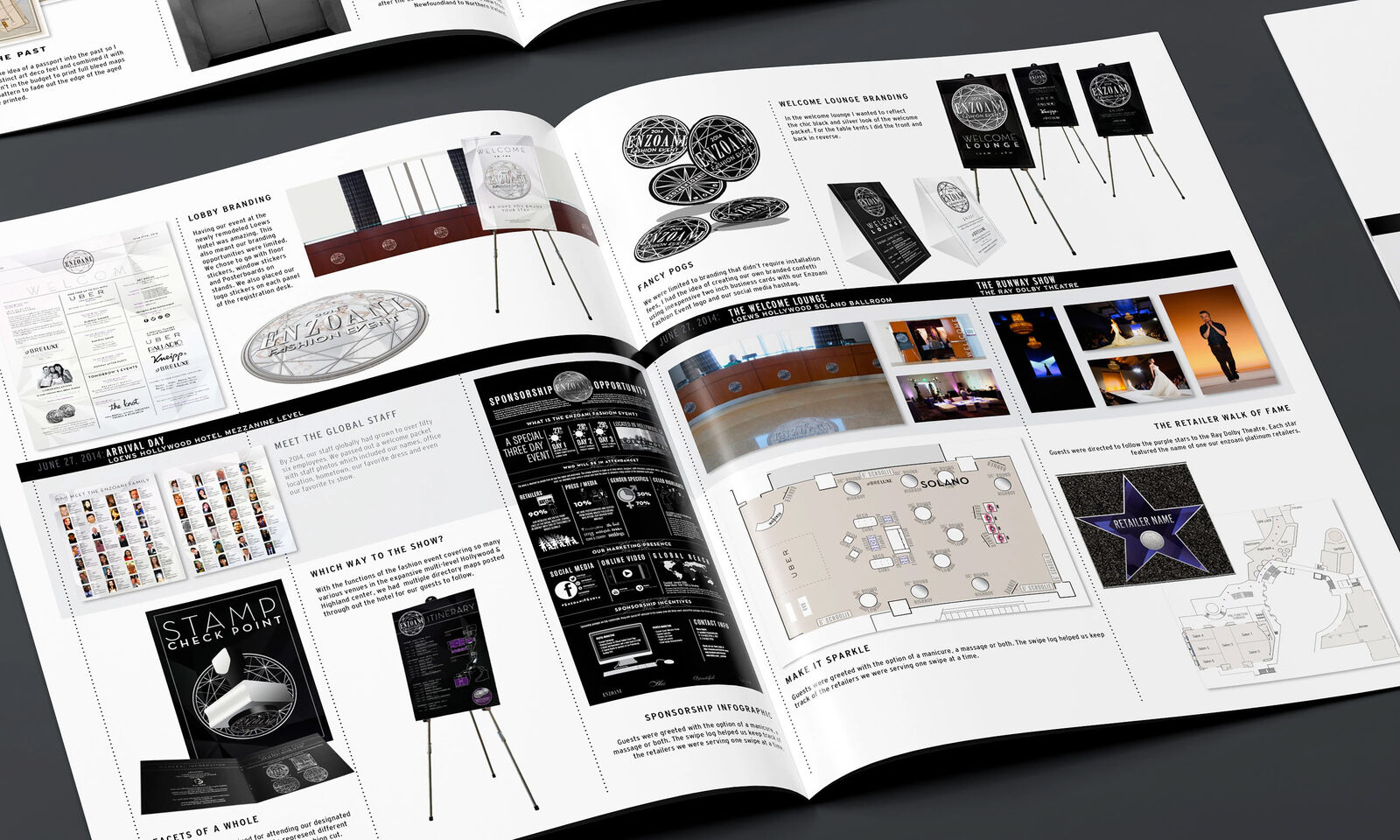 Enzoani 2014 Fashion Event book spread with lobby branding, sponsorship infographic, welcome lounge, and retailer walk of fame
