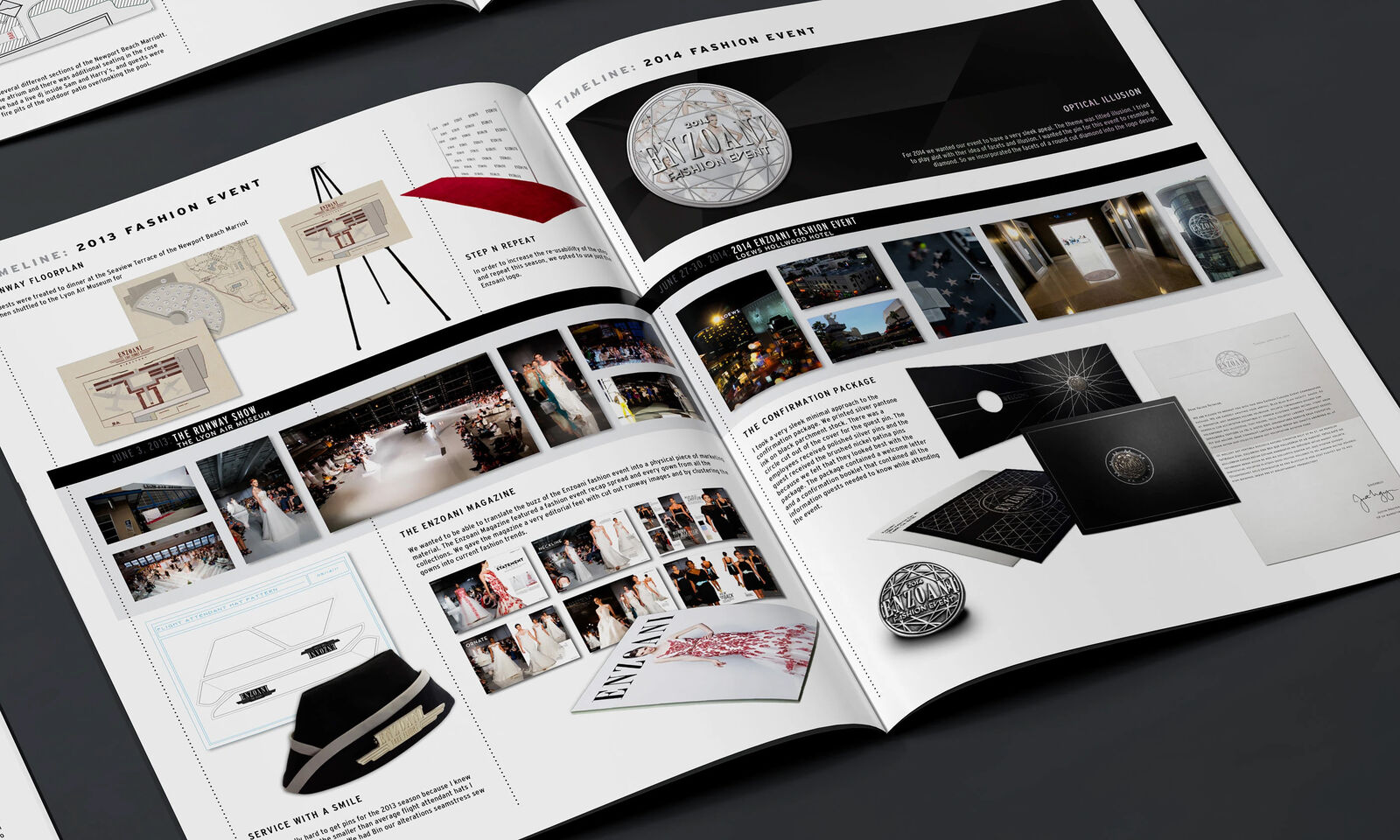 Enzoani 2014 Fashion Event book spread with the Optical Illusion identity, runway show, Enzoani magazine, and confirmation package