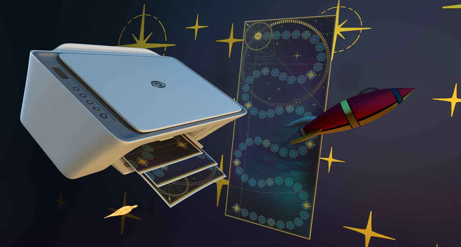 Celestial goal chart in color: a printer, a rocket and a star-map track