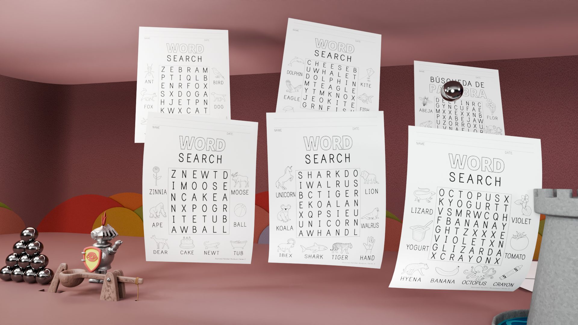 Word search pages from the workbook