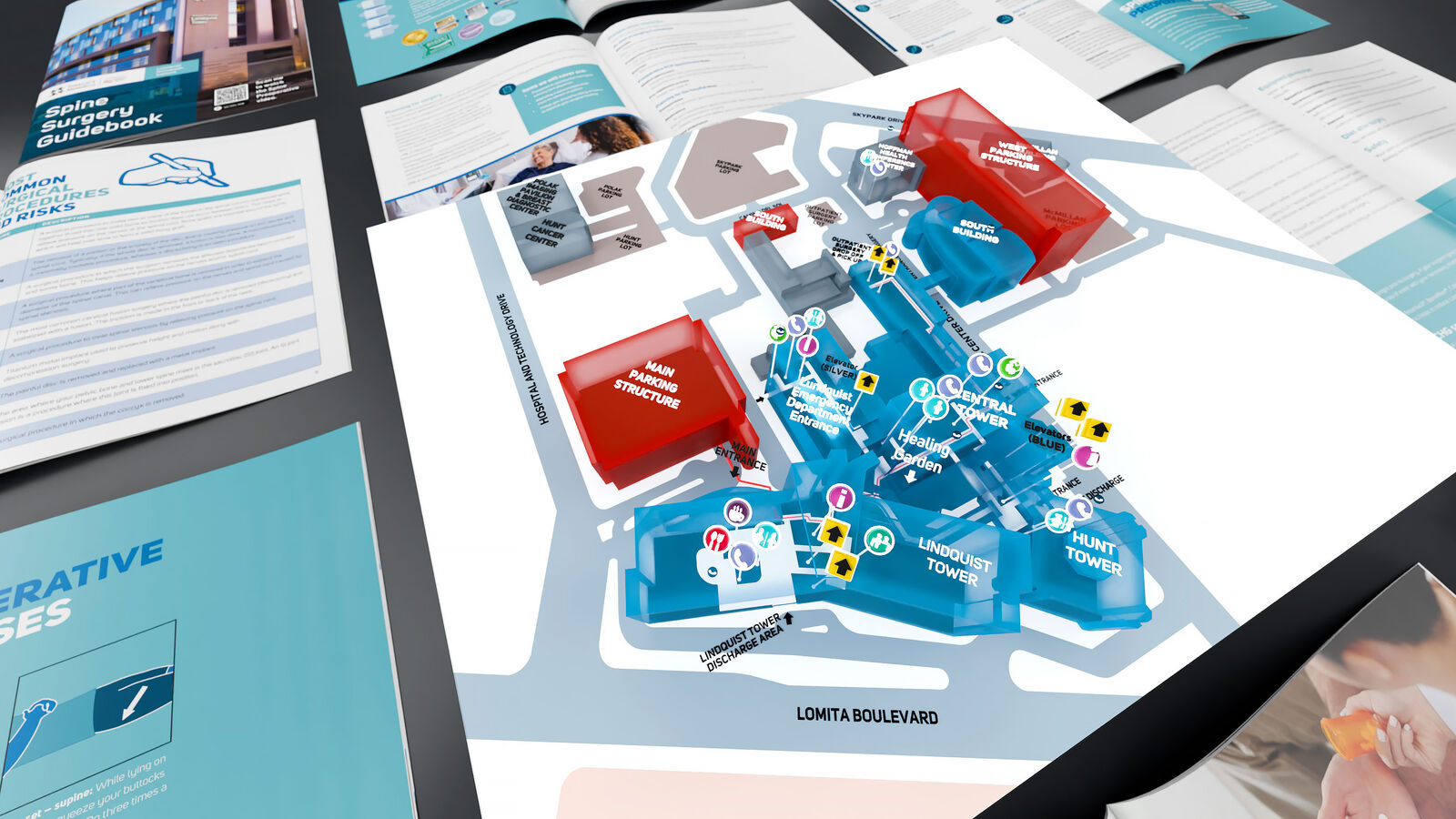 Spine Surgery Guidebook with custom 3D Torrance Memorial campus map